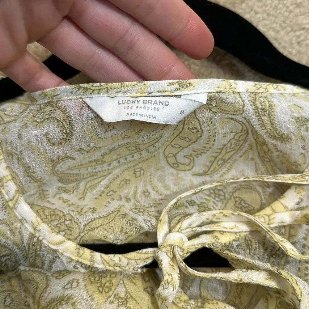 Lucky Brand Sheer Midi Boho Shortsleeve Yellow Keyhole Dress Women Medium